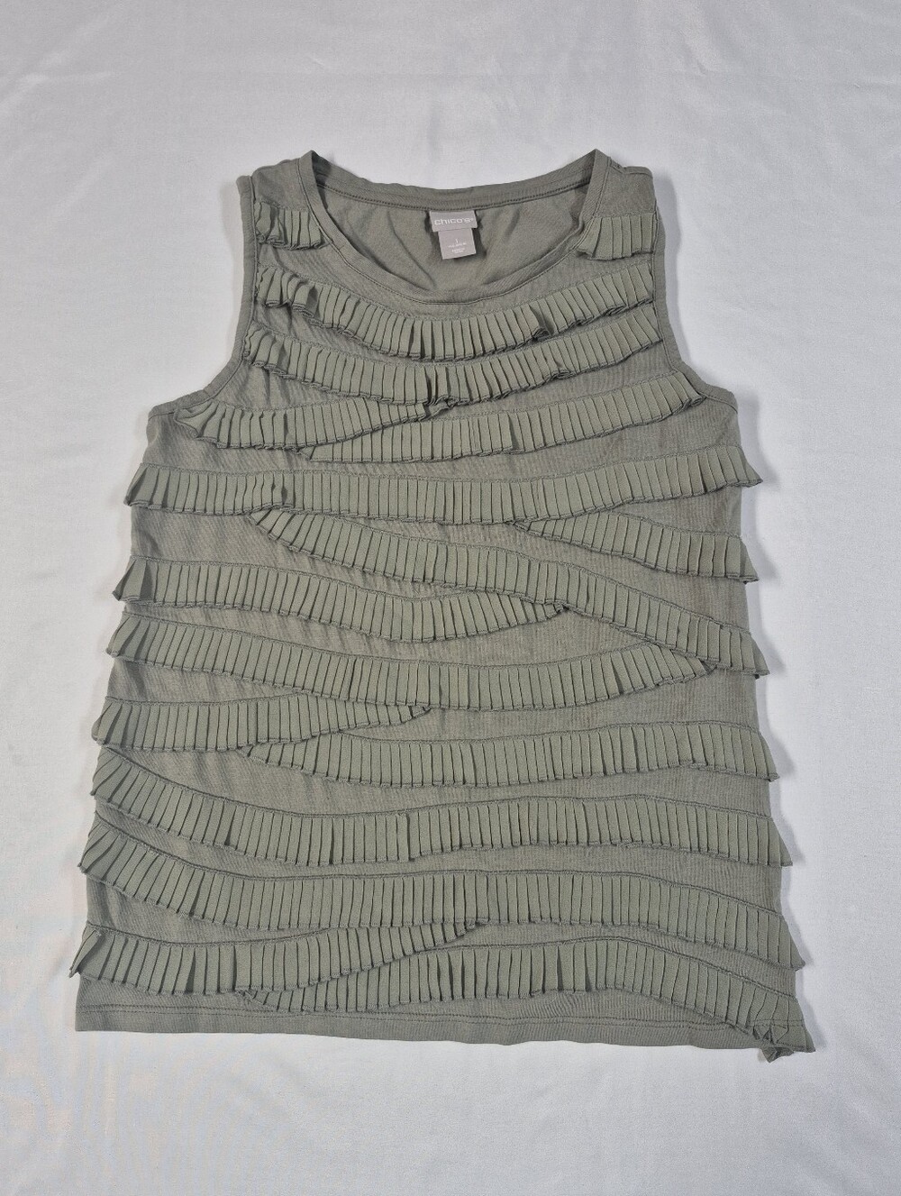 Chico's Womens Sleeveless Tank Top Pleated Tiered Ruffle Knit Olive Green Medium